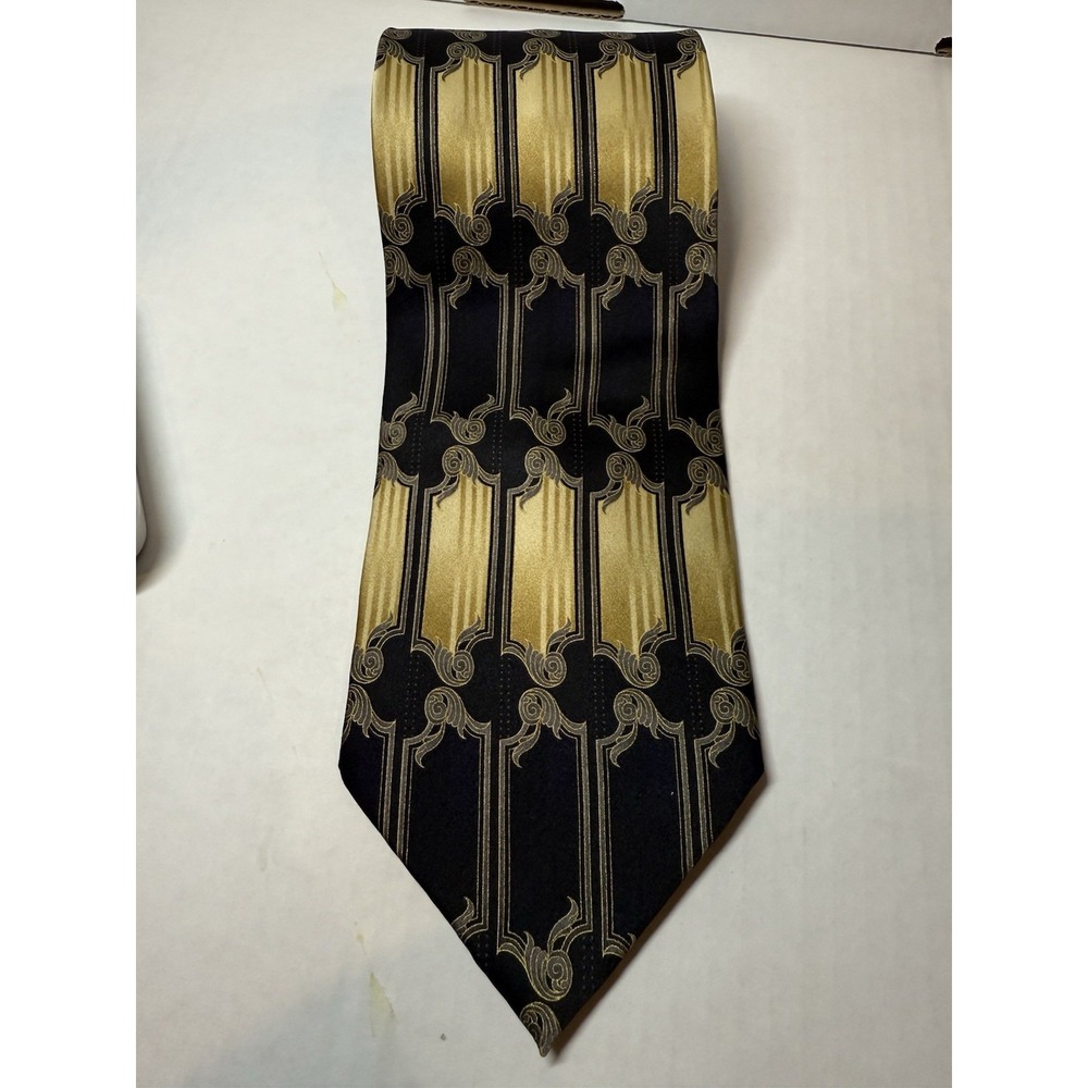 Giorgio Brutini 100% Silk Necktie Gold Black Geometric Tie 67.5" x 3‎ 7/8" XXL